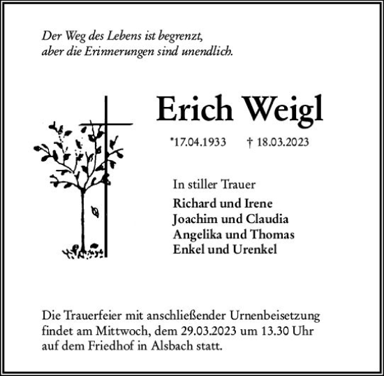 Traueranzeige von Erich Weigl von Darmstädter Echo