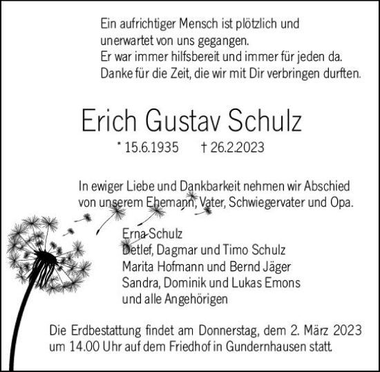 Traueranzeige von Erich Gustav Schulz von Darmstädter Echo