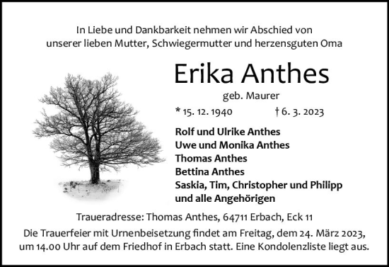 Traueranzeige von Erika Anthes von Odenwälder Echo