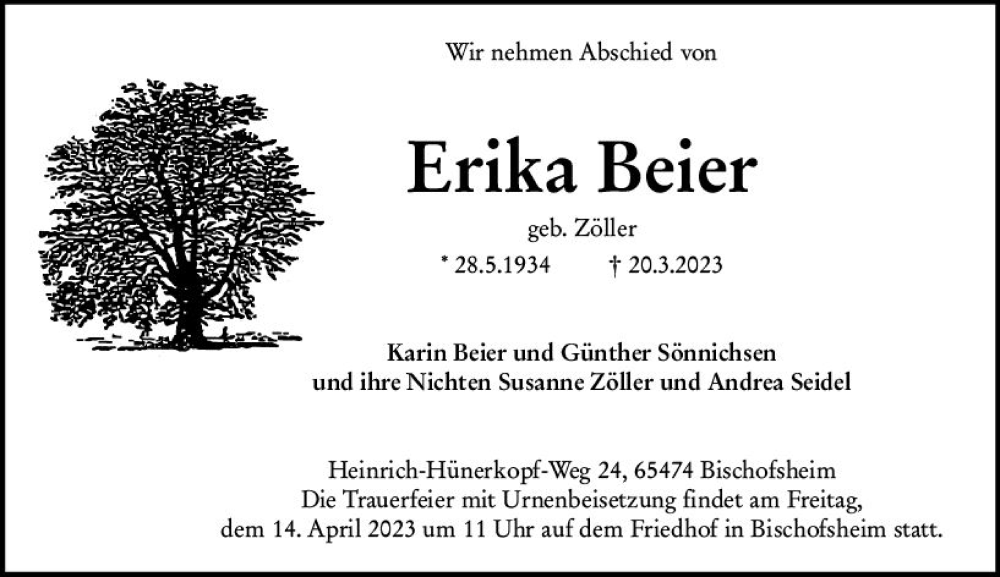  Traueranzeige für Erika Beier vom 01.04.2023 aus Rüsselsheimer Echo
