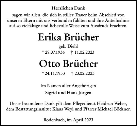 Traueranzeige von Erika Brücher von Dill Block