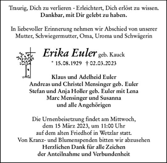 Traueranzeige von Erika Euler von Wetzlarer Neue Zeitung