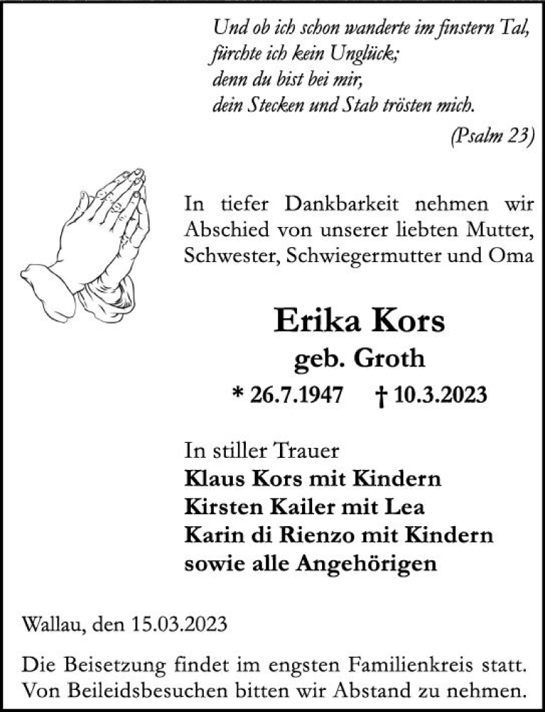  Traueranzeige für Erika Kors vom 15.03.2023 aus Hinterländer Anzeiger