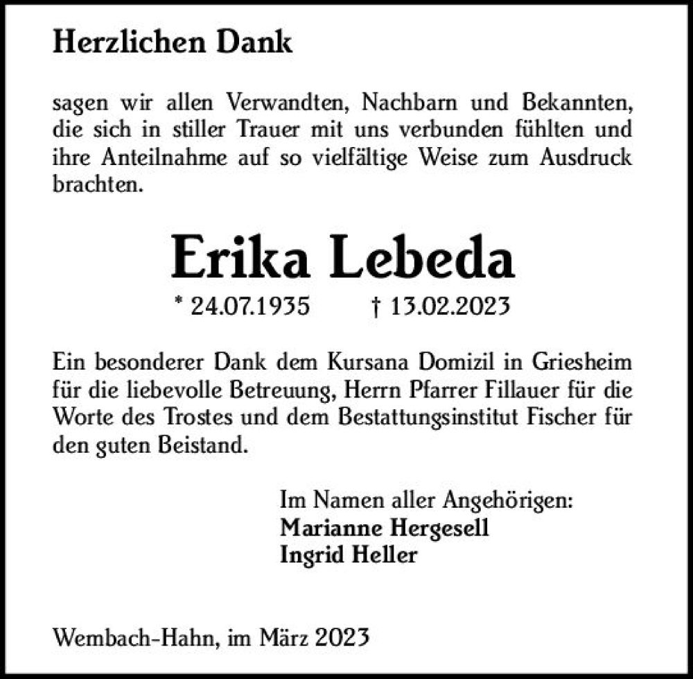  Traueranzeige für Erika Lebeda vom 11.03.2023 aus Darmstädter Echo
