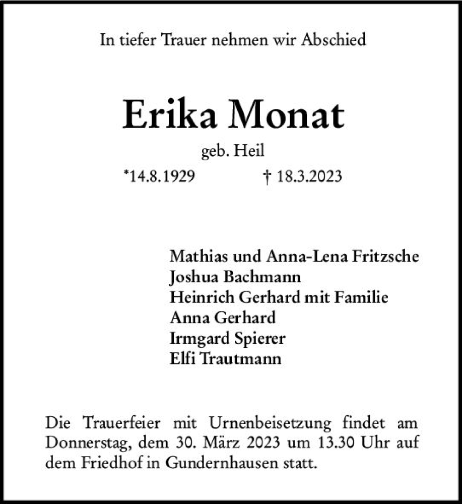  Traueranzeige für Erika Monat vom 25.03.2023 aus Darmstädter Echo