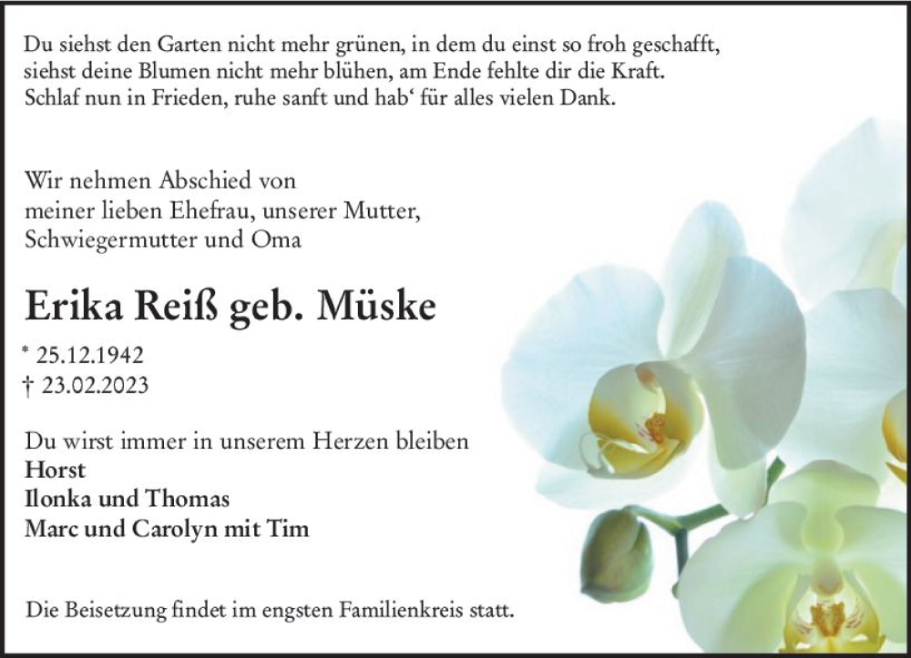  Traueranzeige für Erika Reiß vom 04.03.2023 aus Allgemeine Zeitung Alzey