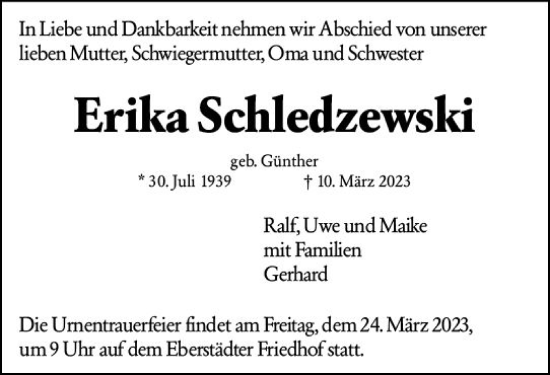 Traueranzeige von Erika Schledzewski von Darmstädter Echo