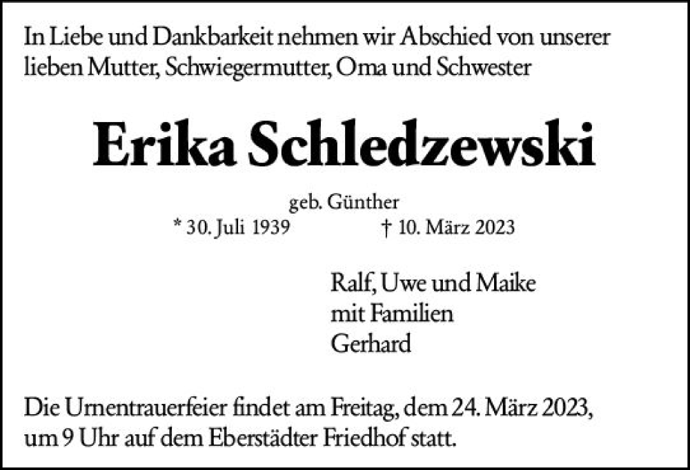  Traueranzeige für Erika Schledzewski vom 18.03.2023 aus Darmstädter Echo