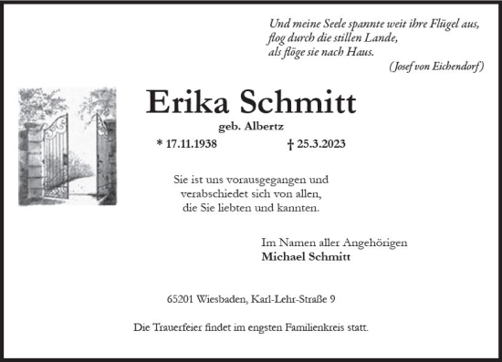 Traueranzeige von Erika Schmitt von Wiesbadener Kurier