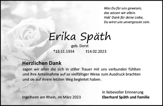Traueranzeige von Erika Späth von Allgemeine Zeitung Bingen/Ingelheim