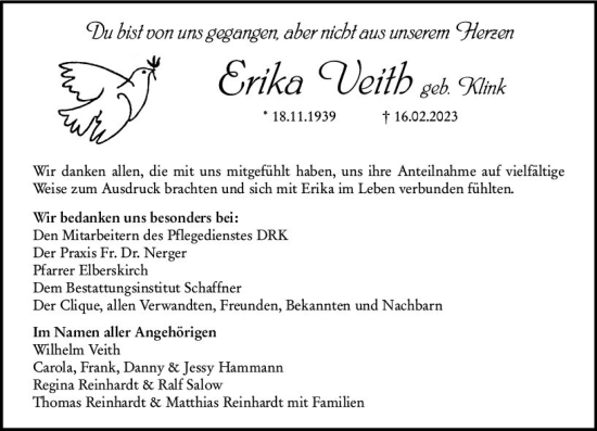 Traueranzeige von Erika Veith von Groß-Gerauer Echo