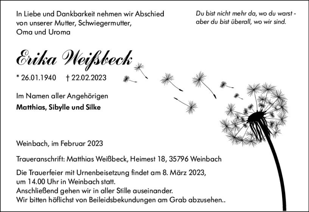  Traueranzeige für Erika Weißbeck vom 04.03.2023 aus Weilburger Tageblatt