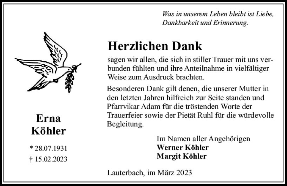 Traueranzeige für Erna Köhler vom 25.03.2023 aus Oberhessen Kurier
