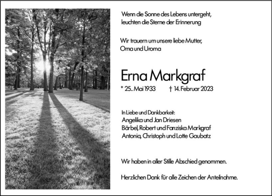 Traueranzeige von Erna Markgraf von Wetzlarer Neue Zeitung