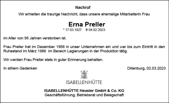 Traueranzeige von Erna Preller von Dill Block