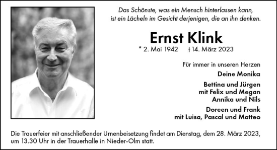 Traueranzeige von Ernst Klink von Groß-Gerauer Echo