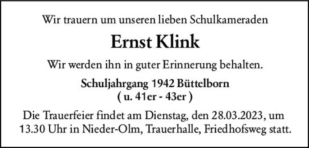  Traueranzeige für Ernst Klink vom 25.03.2023 aus Groß-Gerauer Echo