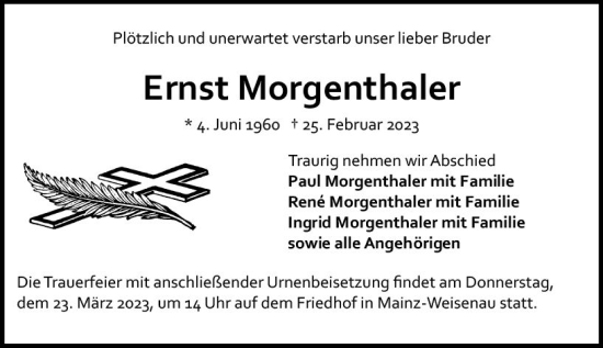 Traueranzeige von Ernst Morgenthaler von Allgemeine Zeitung Mainz