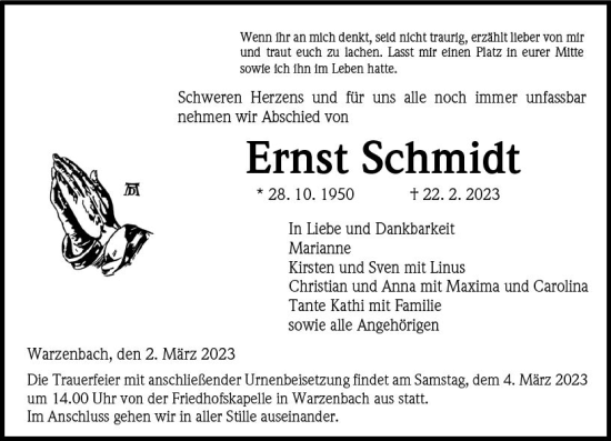 Traueranzeige von Ernst Schmidt von Hinterländer Anzeiger