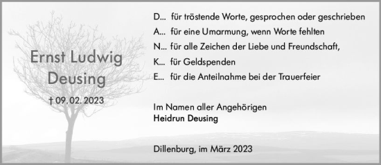 Traueranzeige von Ernst Ludwig Deusing von Dill Block