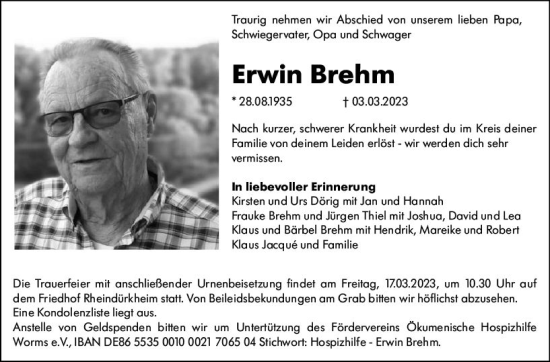 Traueranzeige von Erwin Brehm von Wormser Zeitung