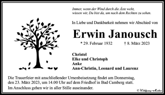 Traueranzeige von Erwin Janousch von Camberger Anzeiger