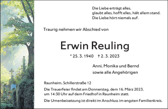 Traueranzeige von Erwin Reuling von Rüsselsheimer Echo