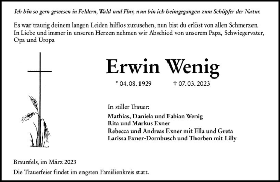 Traueranzeige von Erwin Wenig von Wetzlarer Neue Zeitung