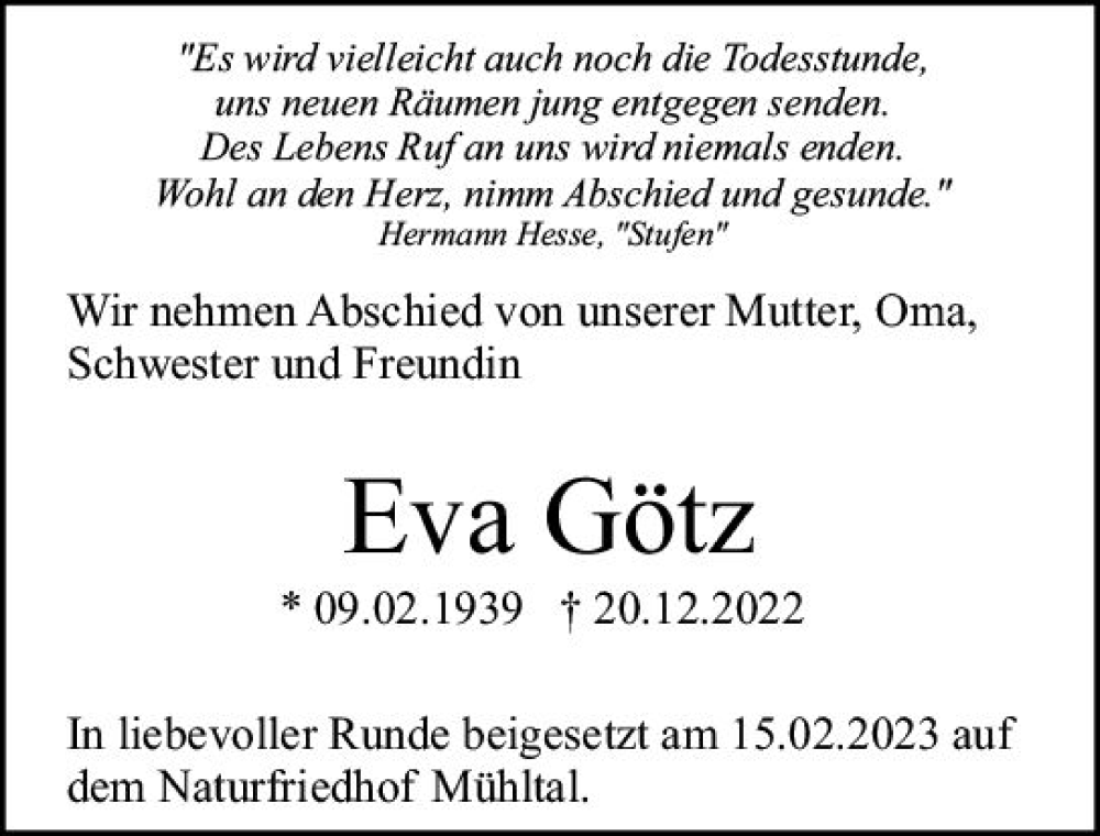 Traueranzeige für Eva Götz vom 18.03.2023 aus Darmstädter Echo