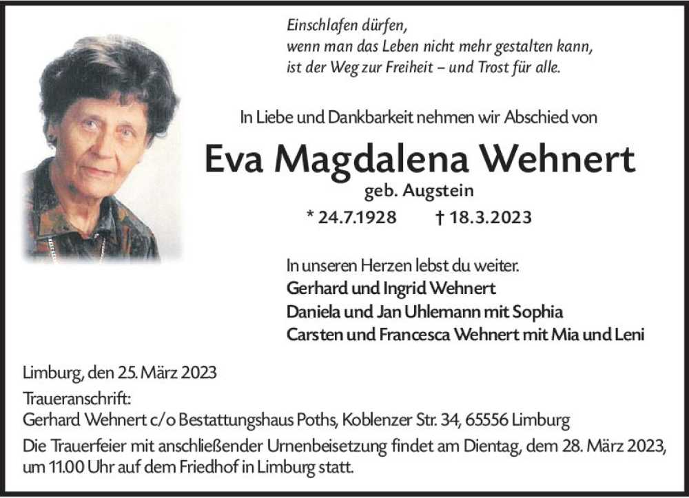  Traueranzeige für Eva Magdalena Wehnert vom 27.03.2023 aus Wiesbadener Kurier