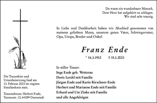 Traueranzeige von Franz Ende von Darmstädter Echo