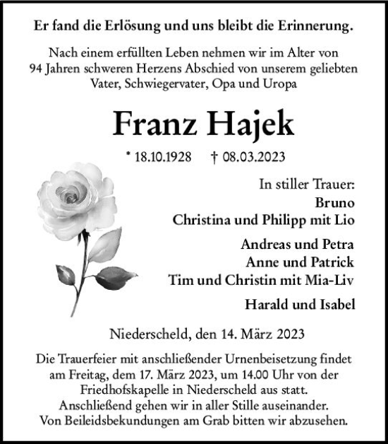 Traueranzeige von Franz Hajek von Dill Block