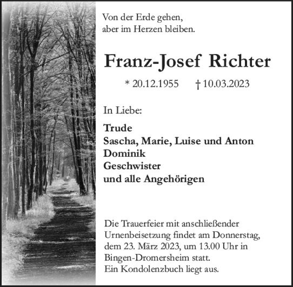  Traueranzeige für Franz-Josef Richter vom 18.03.2023 aus Bingen/Ingelheim WOBL inkl. Neue Binger Ztg.