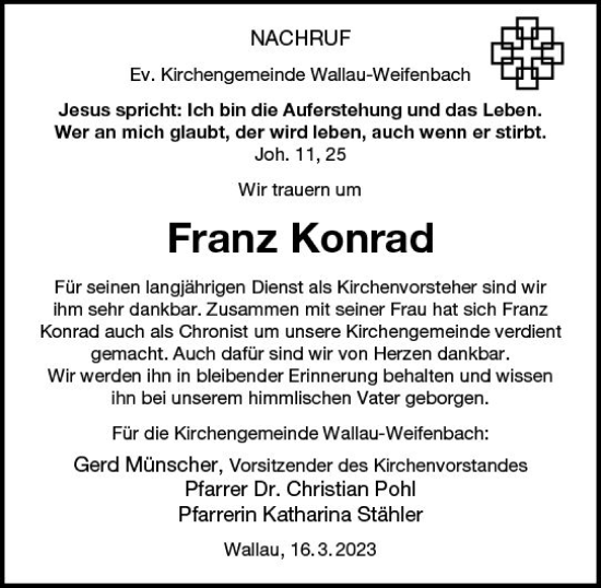 Traueranzeige von Franz Konrad von Hinterländer Anzeiger