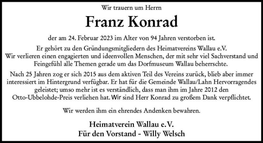  Traueranzeige für Franz Konrad vom 08.03.2023 aus Hinterländer Anzeiger