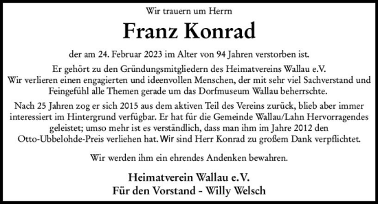 Traueranzeige von Franz Konrad von Hinterländer Anzeiger