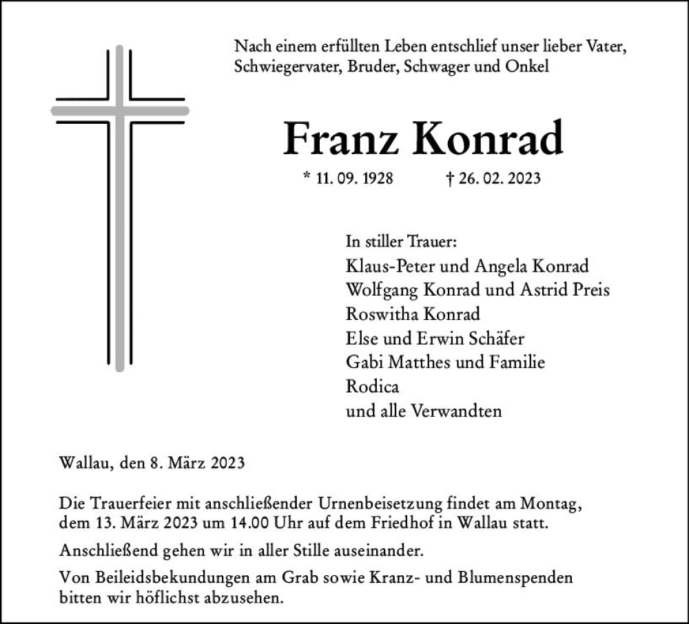  Traueranzeige für Franz Konrad vom 08.03.2023 aus Hinterländer Anzeiger