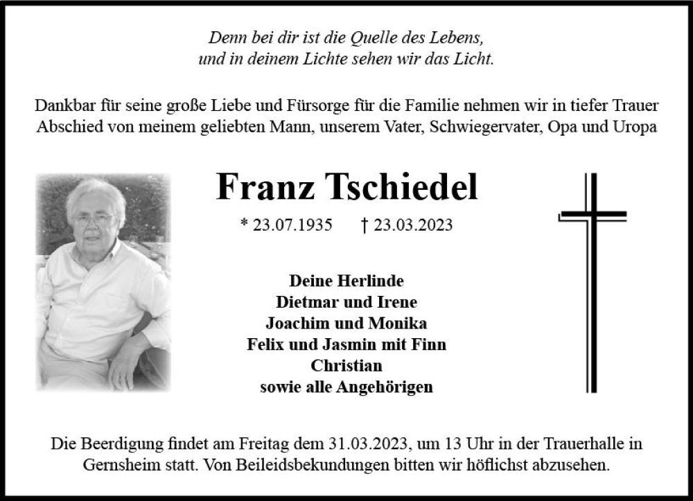  Traueranzeige für Franz Tschiedel vom 25.03.2023 aus Groß-Gerauer Echo