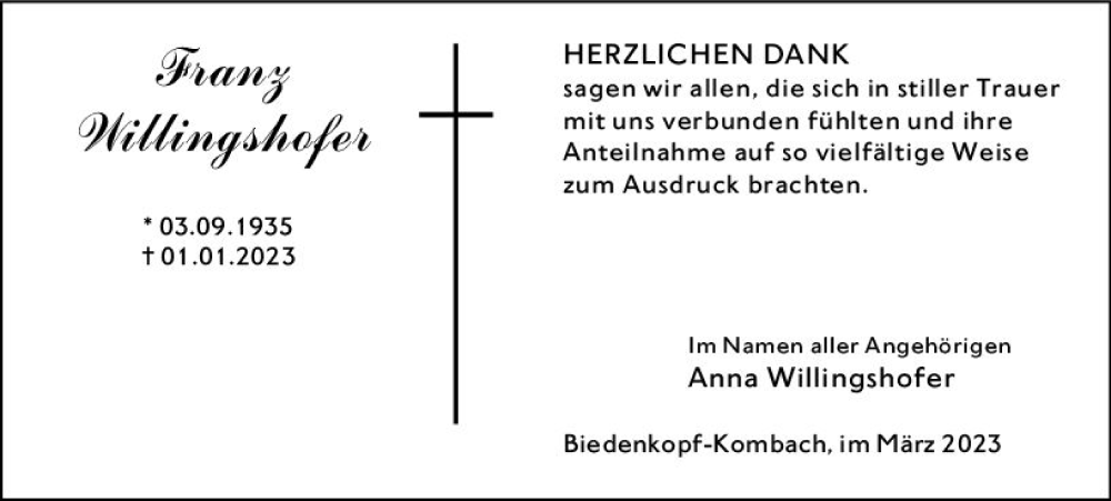  Traueranzeige für Franz Willingshofer vom 11.03.2023 aus Hinterländer Anzeiger