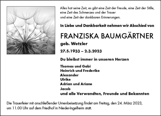 Traueranzeige von Franziska Baumgärtner von Allgemeine Zeitung Bingen/Ingelheim