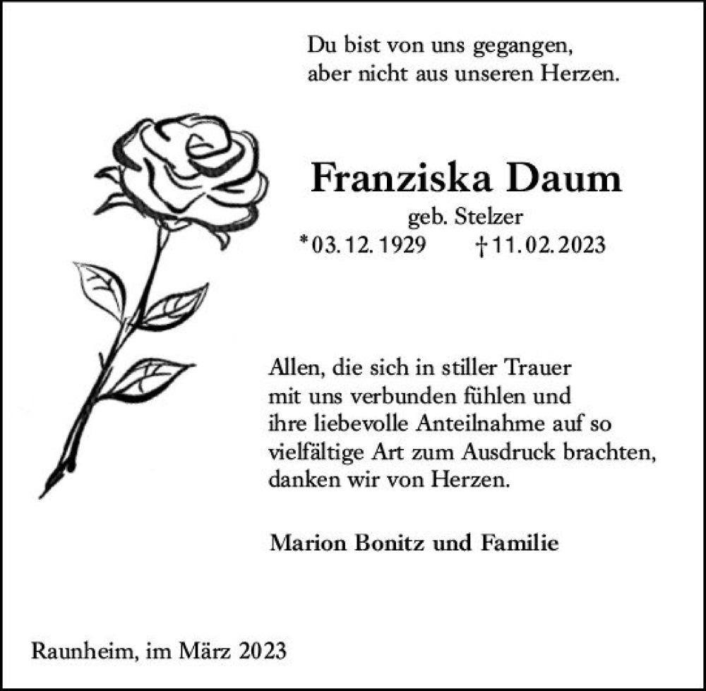  Traueranzeige für Franziska Daum vom 11.03.2023 aus Rüsselsheimer Echo