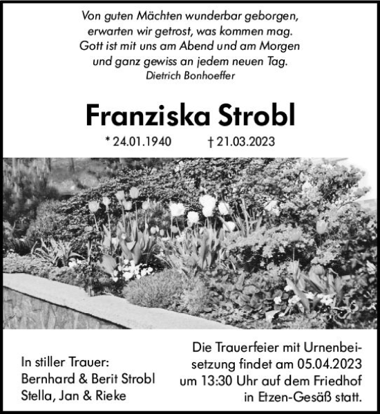 Traueranzeige von Franziska Strobl von Odenwälder Echo