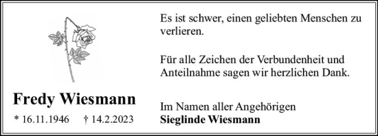 Traueranzeige von Fredy Wiesmann von Rüsselsheimer Echo