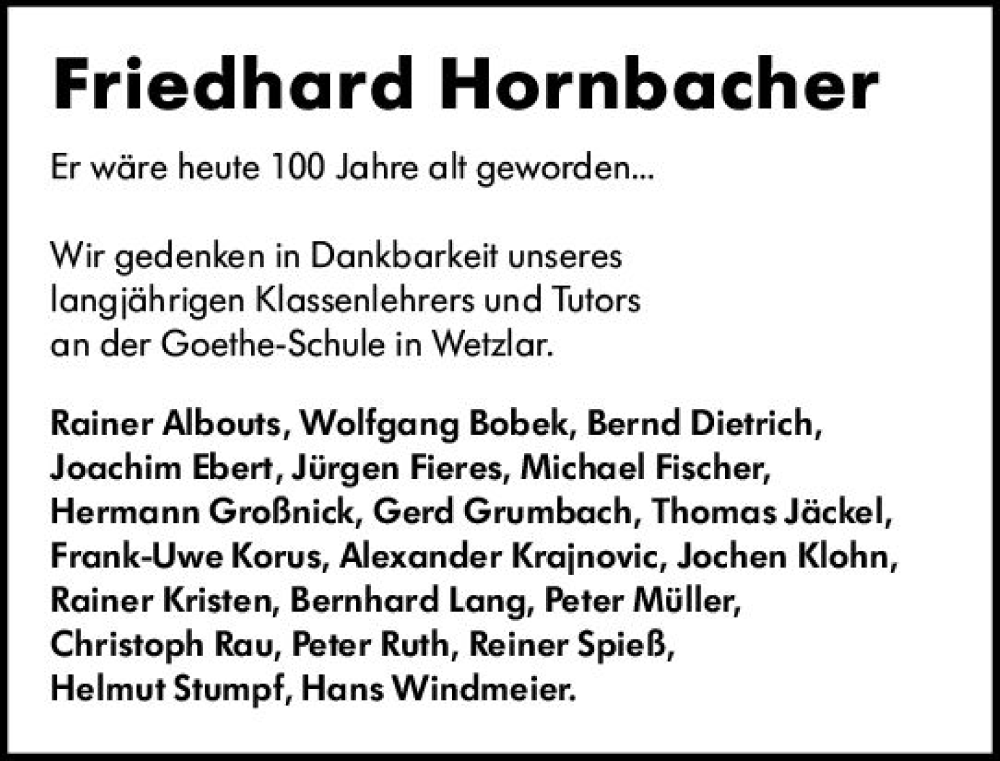  Traueranzeige für Friedhard Hornbacher vom 01.04.2023 aus Wetzlarer Neue Zeitung