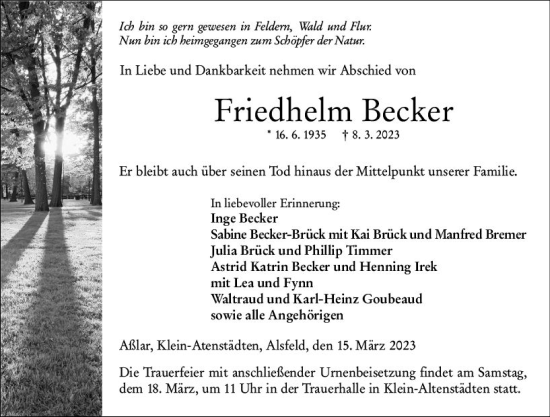 Traueranzeige von Friedhelm Becker von Wetzlarer Neue Zeitung