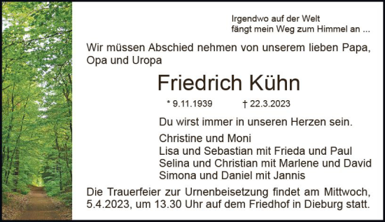 Traueranzeige von Friedrich Kühn von Dieburger Anzeiger/Groß-Zimmerner Lokal-Anzeiger