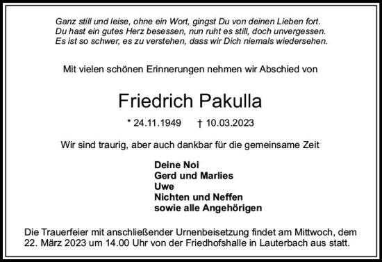 Traueranzeige von Friedrich Pakulla von VRM Trauer