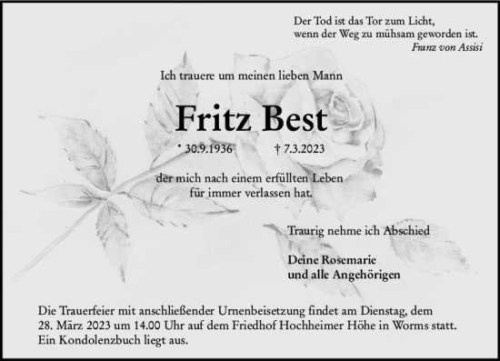 Traueranzeige von Fritz Best von Wormser Zeitung