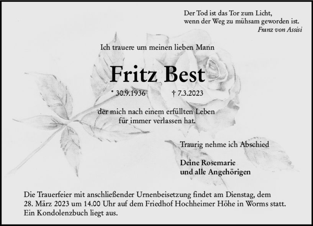  Traueranzeige für Fritz Best vom 25.03.2023 aus Wormser Zeitung