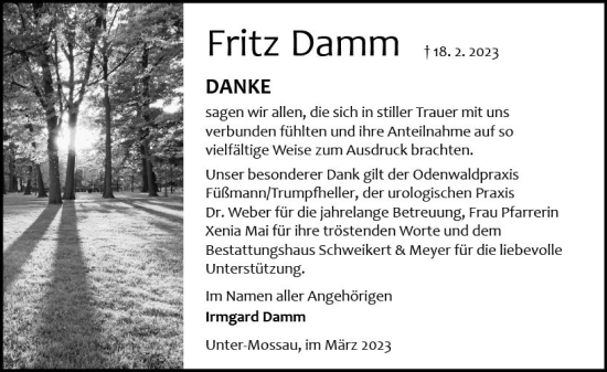 Traueranzeige von Fritz Damm von Odenwälder Echo